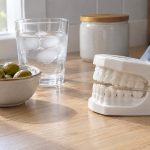 Illustration of a dental model showing the back teeth beside a bowl of olives and a glass of iced water on a kitchen bench