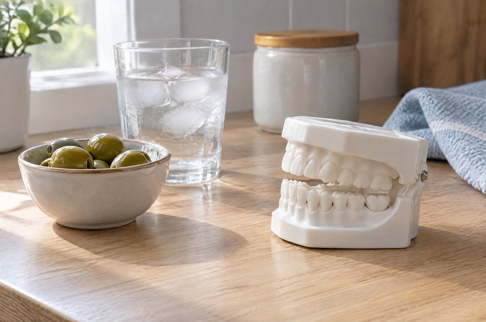 Illustration of a dental model showing the back teeth beside a bowl of olives and a glass of iced water on a kitchen bench