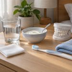 Illustration of clean gauze, a glass of water, a bowl of yoghurt, a toothbrush and a dental model on a bedside table