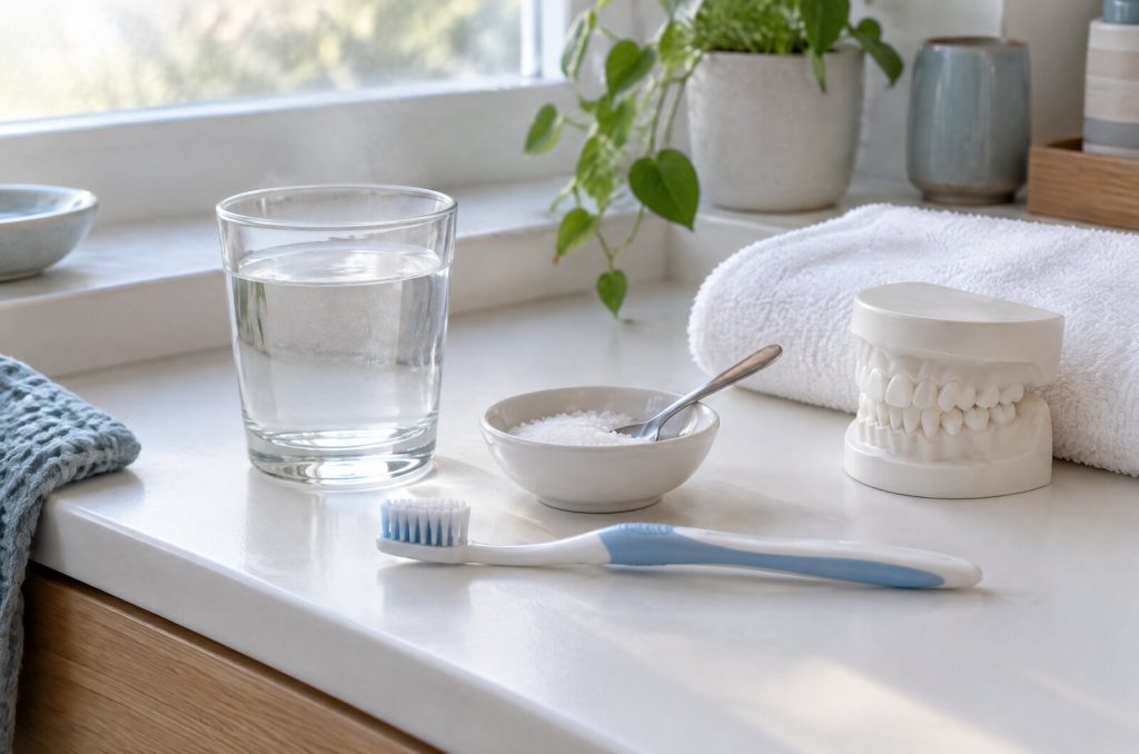 Illustration of a glass of water, a small dish of salt with a teaspoon, a soft toothbrush and a dental model on a bathroom bench